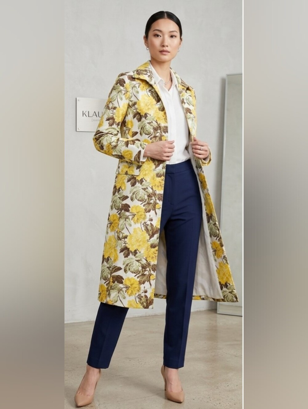Kasper Vintage Floral Yellow & Brown Long Coat (Dry-cleaned)